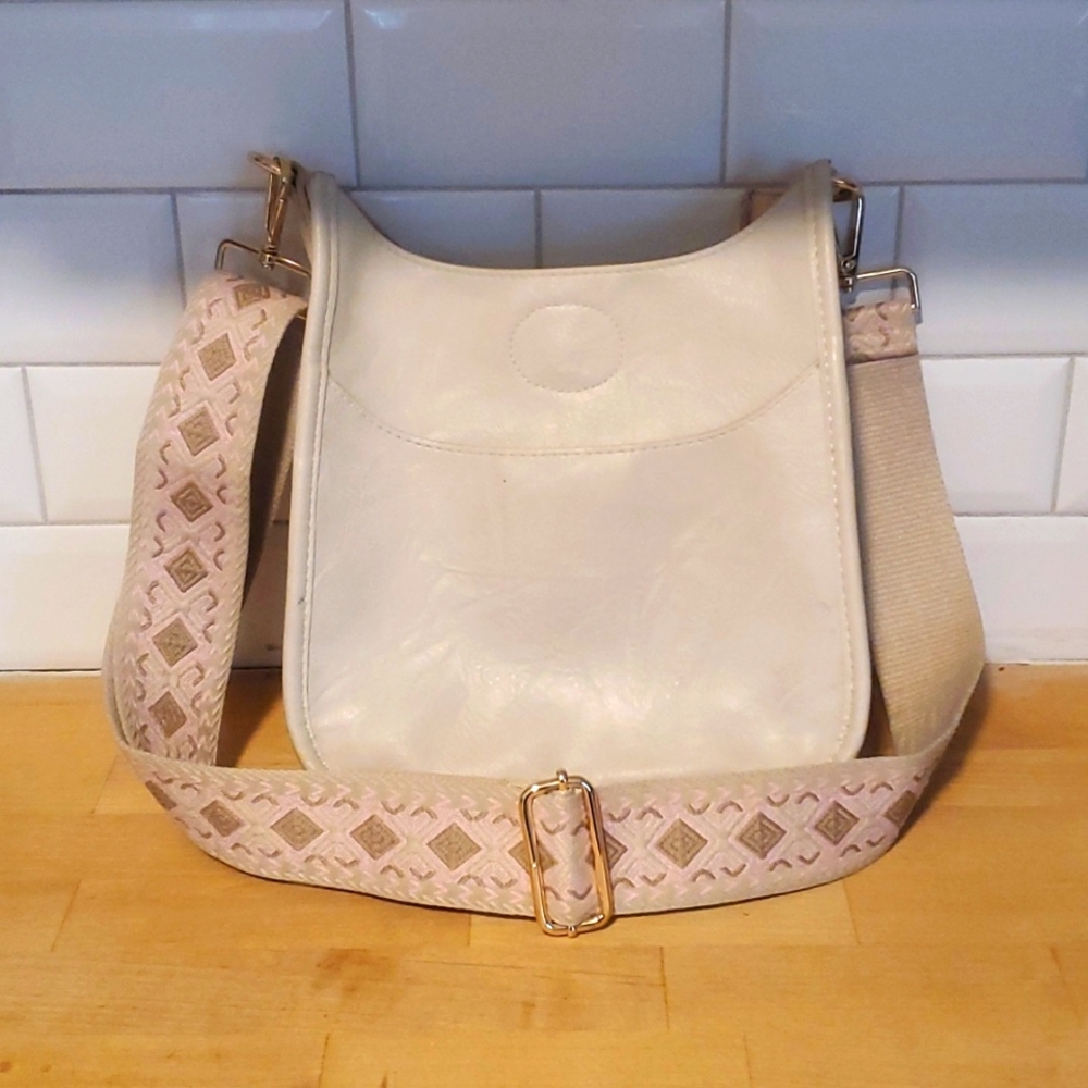 Ahdorned cream vegan leather crossbody purse with detachable & adjustable strap
